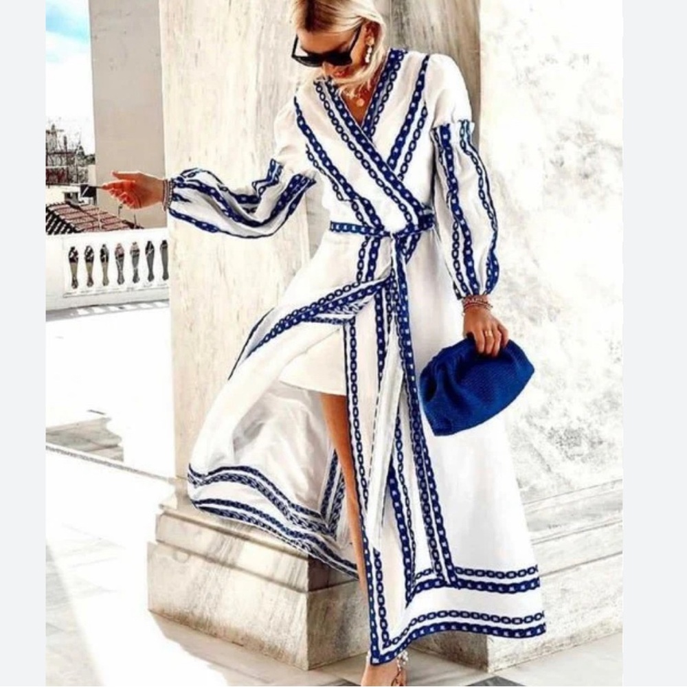 LACE The Label
Long-Sleeve Embroidered Wrap Dress. Made in Greece.